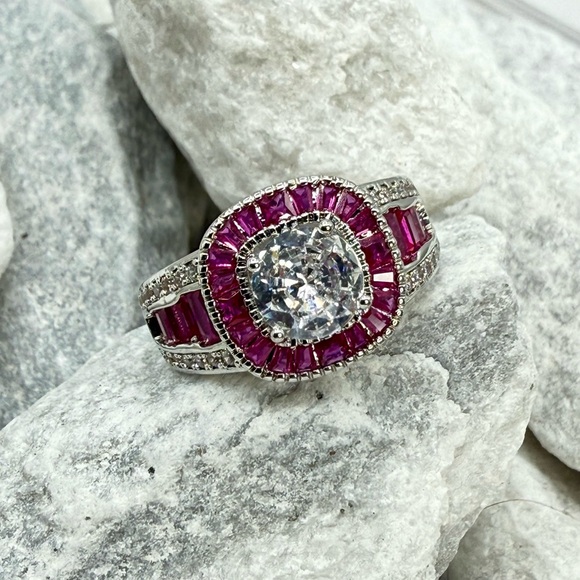 Lab Created Ruby Halo Ring 2.6 CT CZ Silver Tone Over Copper Sz 7.25 - Picture 4 of 17